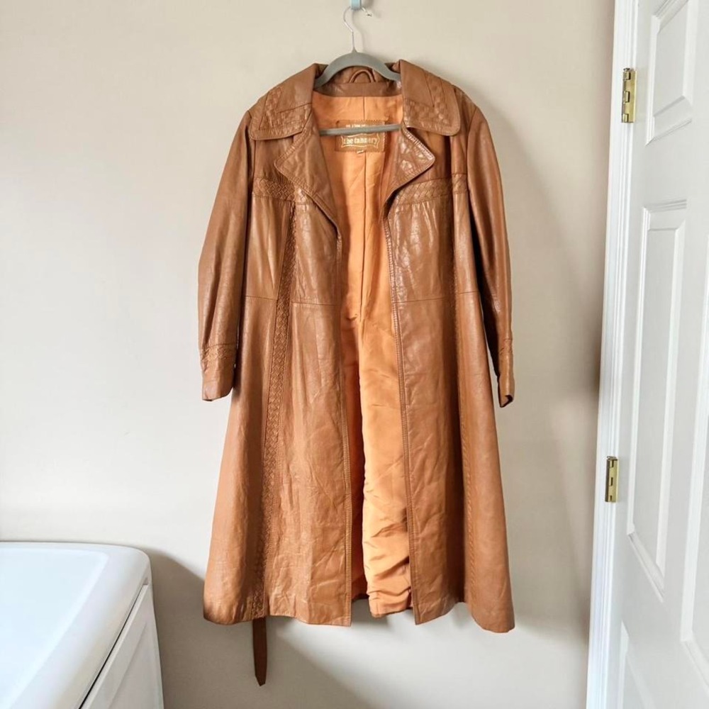Vintage 70s Cognac Leather Trench Coat Woven Braided - Picture 6 of 11